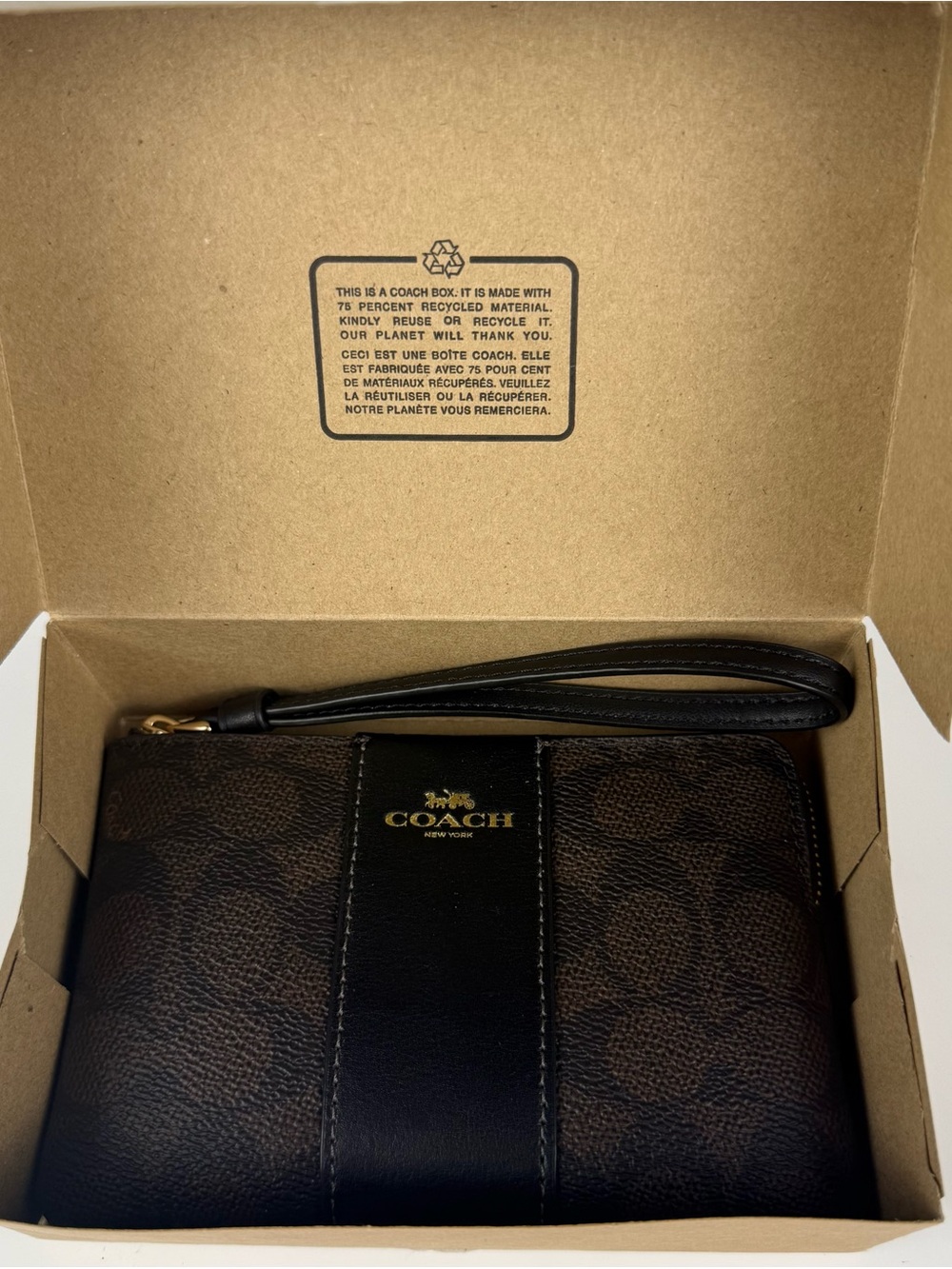Corner Zip Coach Wristlet Bag Brown Leather Signature Print New In Box